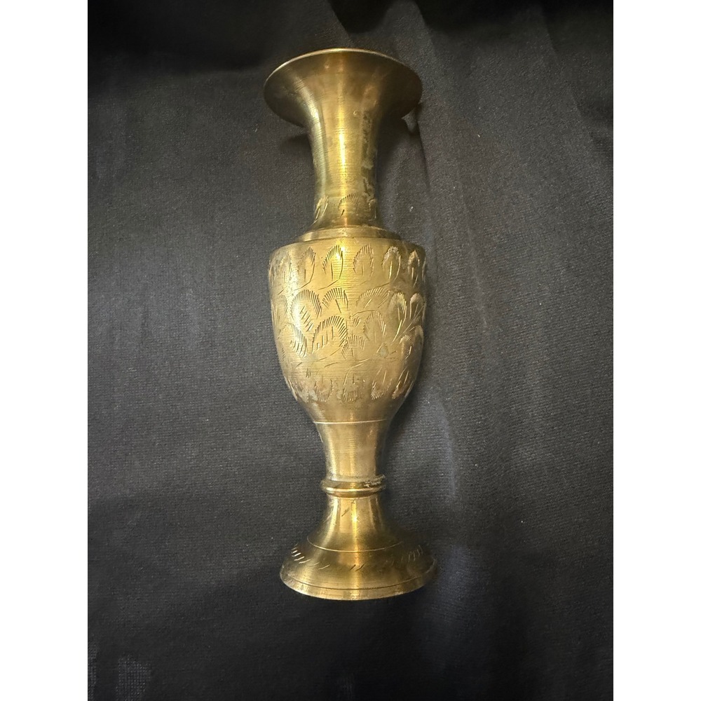 Vintage Engraved Brass Tone Footed Flower Vase Floral Design
